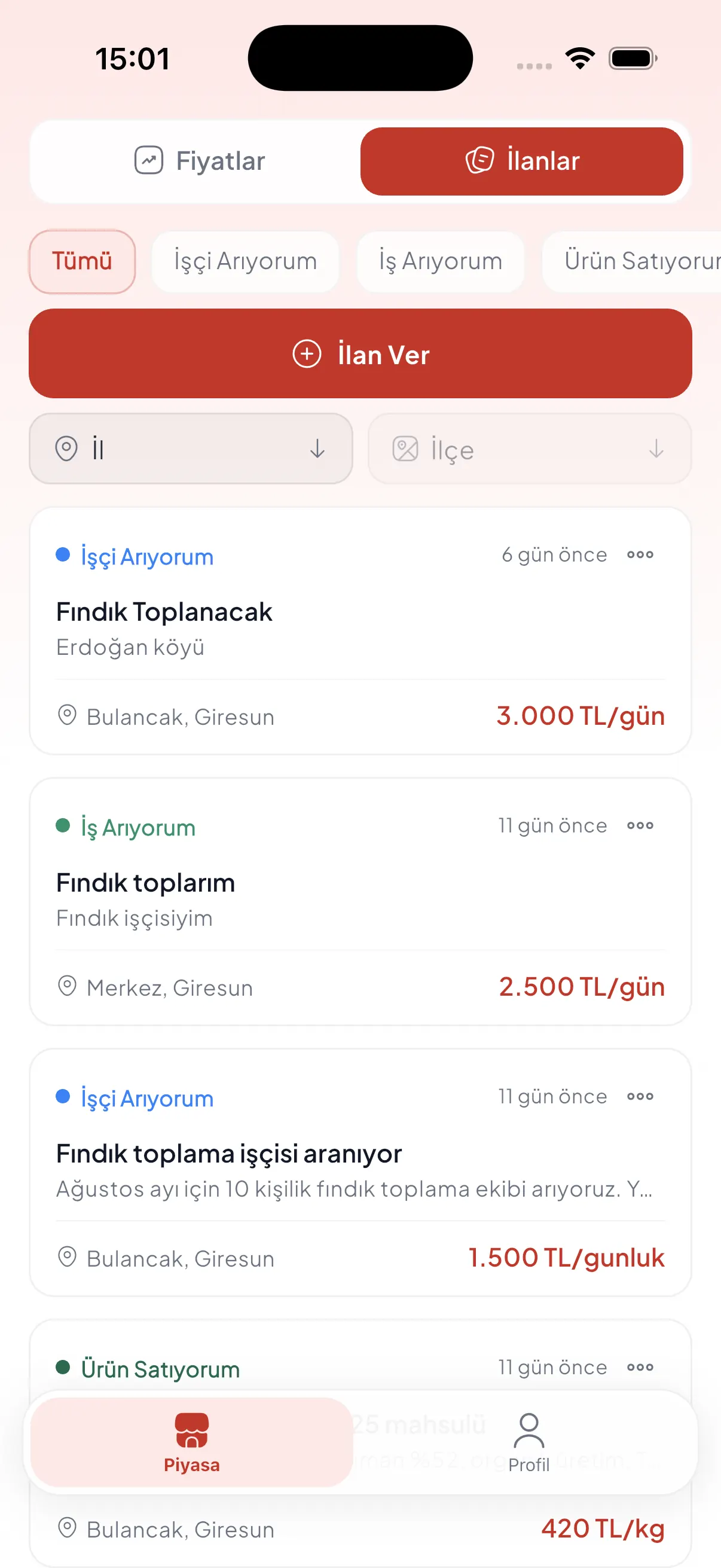İş arıyorum rolü — ilan listesi